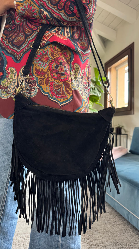 BORSA TIAGO frange suede nero/bordeaux/cuoio