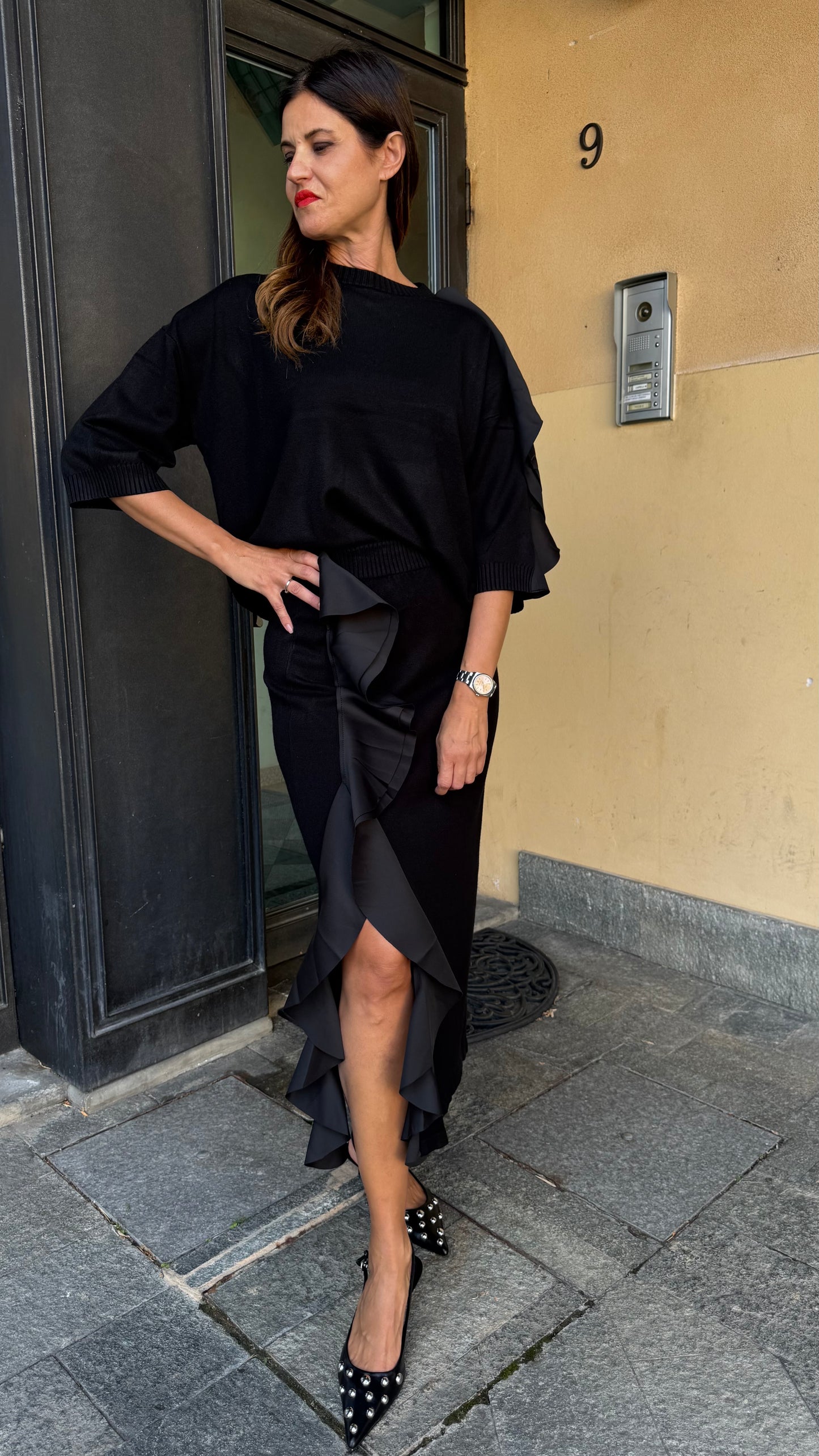 COMPLETO IN MAGLIA ROUGE ASIMMETRICA nero/grigio/cioccolato