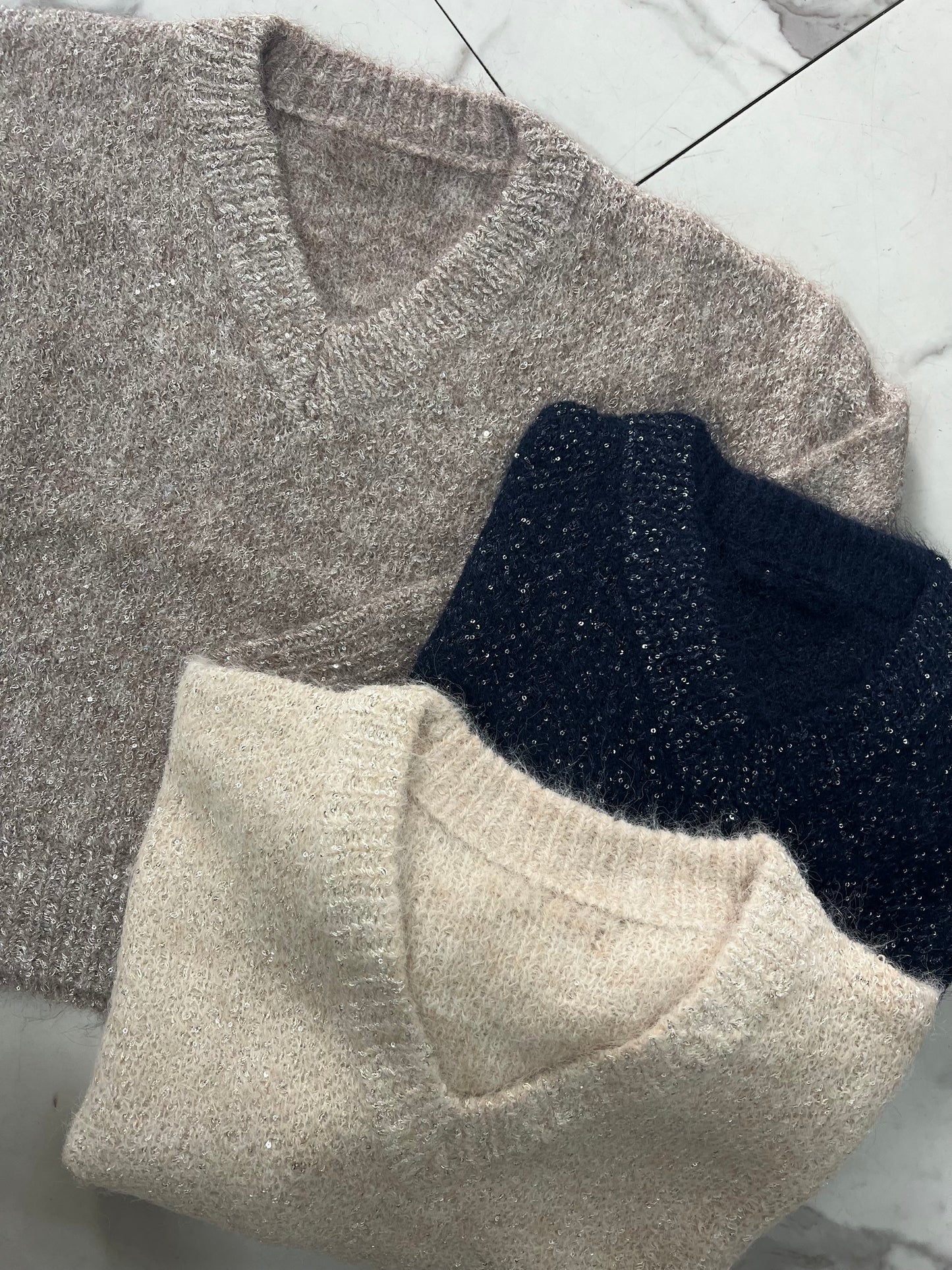 MAGLIONCINO MICRO PAILLETTES blu/sabbia/grigio chiaro/grigio scuro/cioccolato/panna