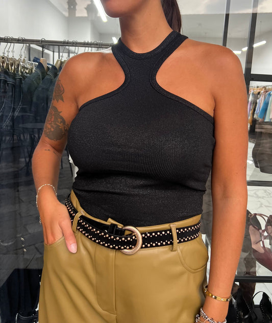 CANOTTA LUREX SCOLLO HALTER NERA