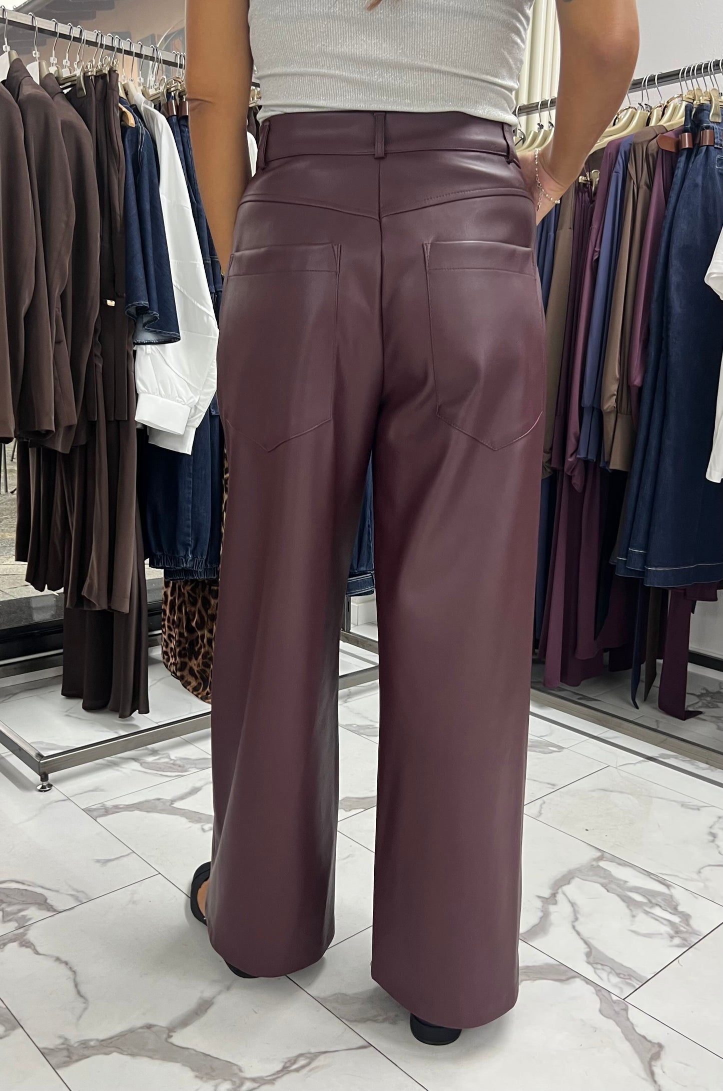 PANTALONE PALAZZO ECOPELLE MELANZANA