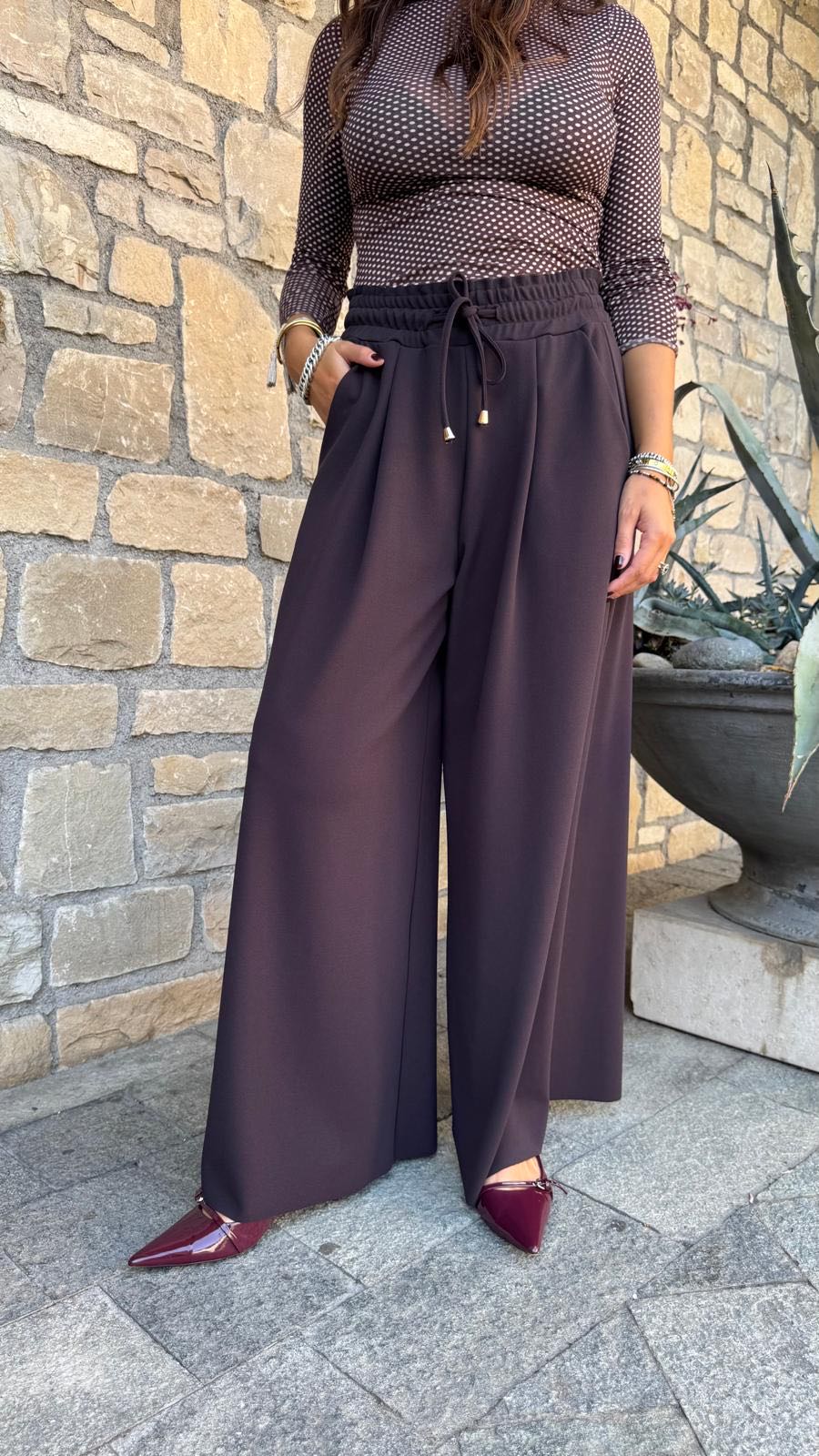 PANTALONE PALAZZO CREPE CIOCCOLATO SCURO