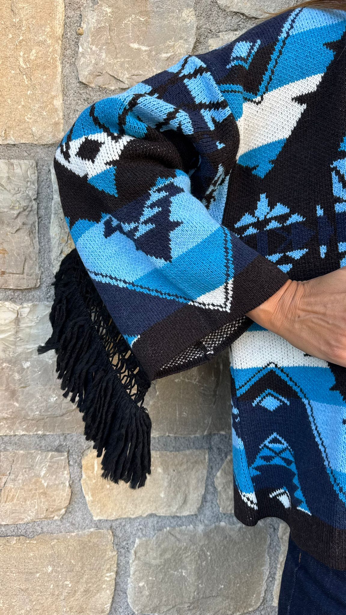 CARDIGAN FRANGE E PASSAMANERIA AZZURRO