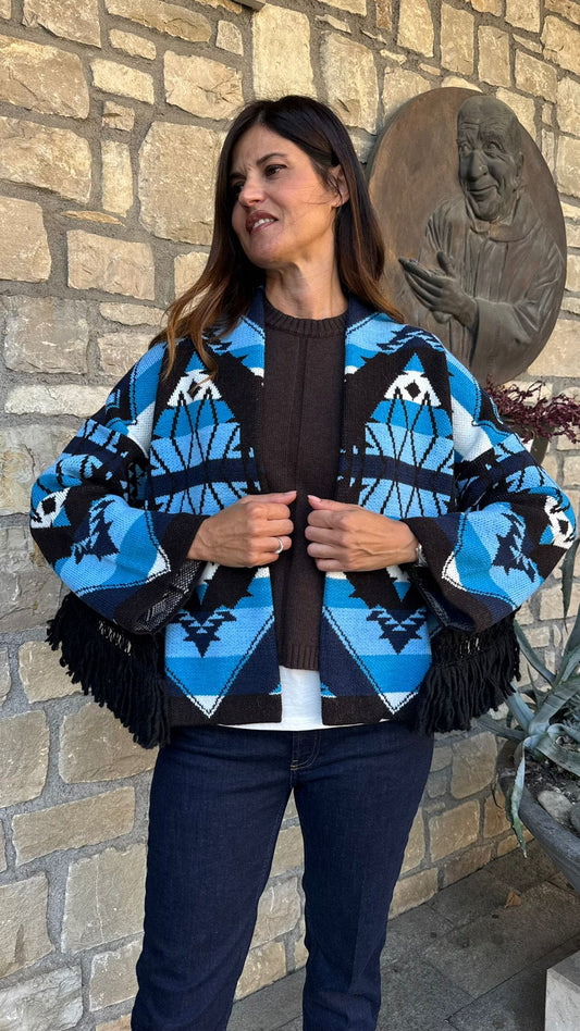 CARDIGAN FRANGE E PASSAMANERIA AZZURRO