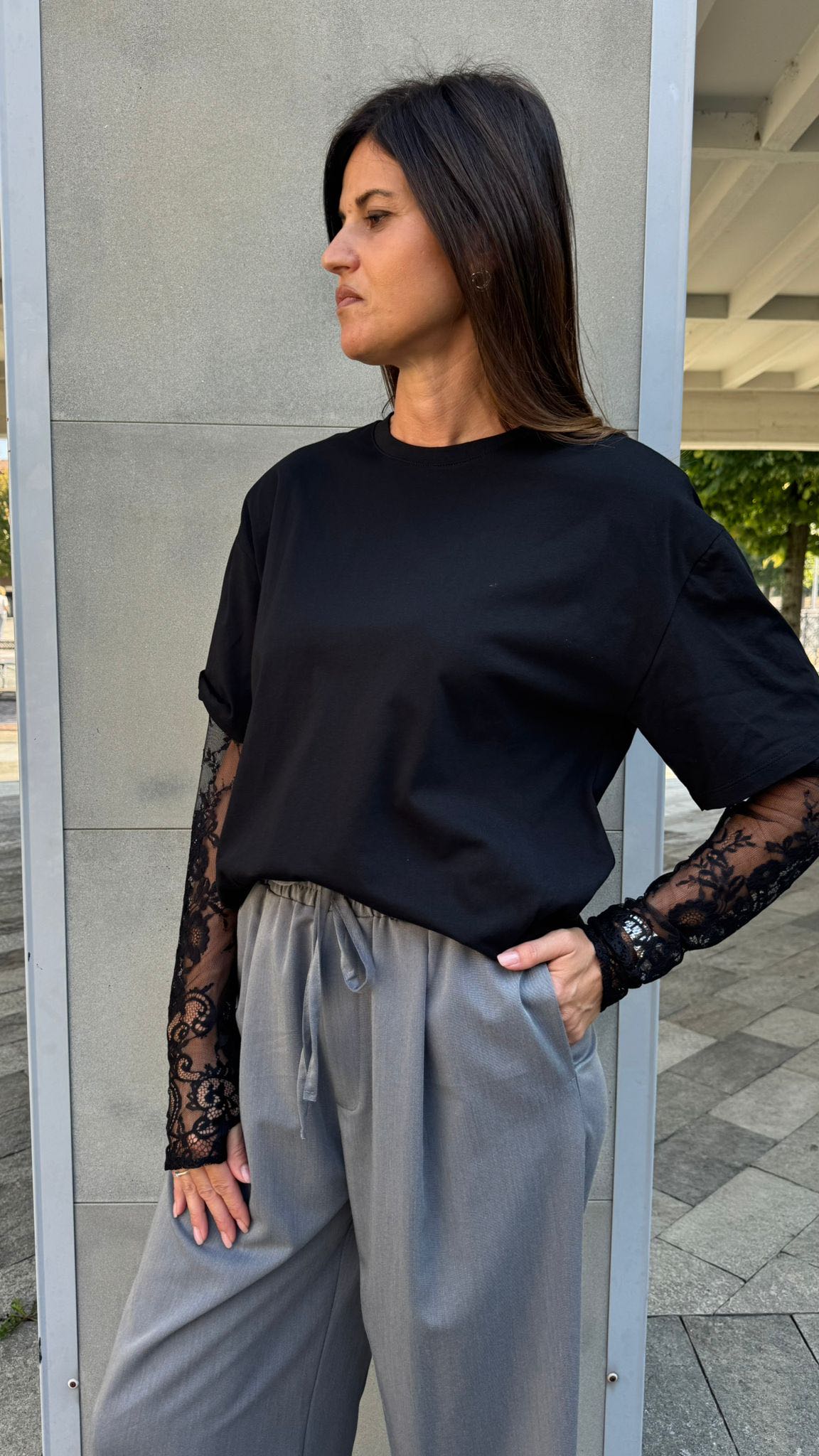 MAGLIA MANICHE PIZZO NERA