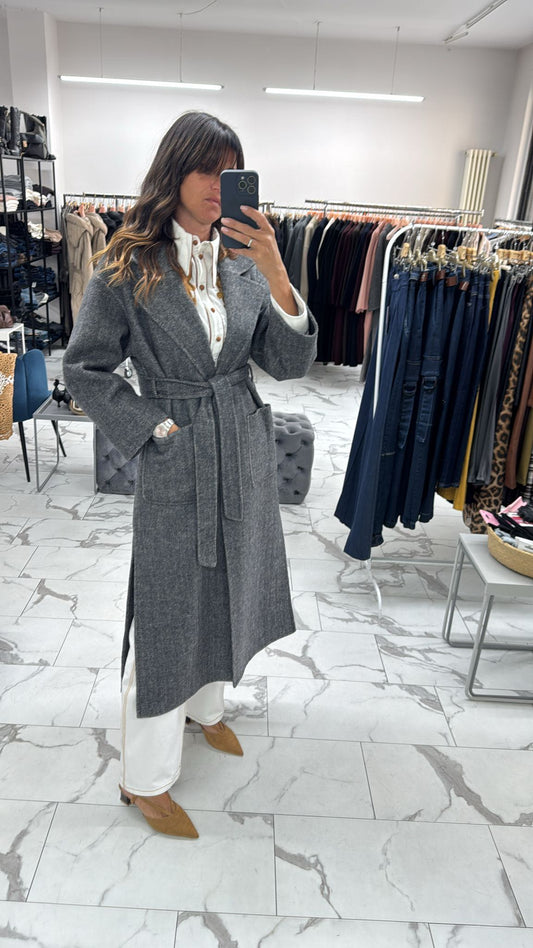 CAPPOTTO LUNGO A SPINA DI PESCE GRIGIO