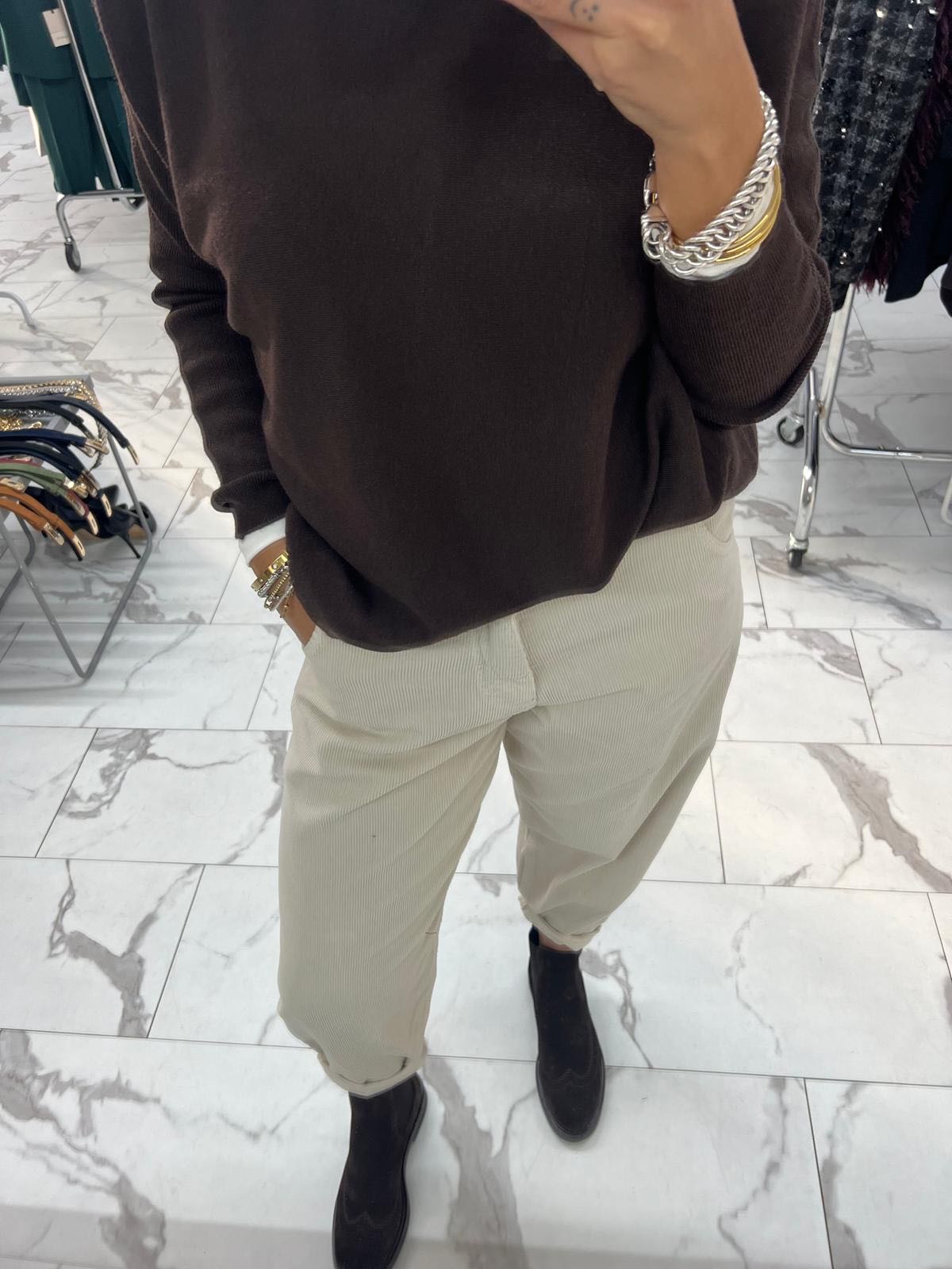 PANTALONE VELLUTO A COSTE PANNA