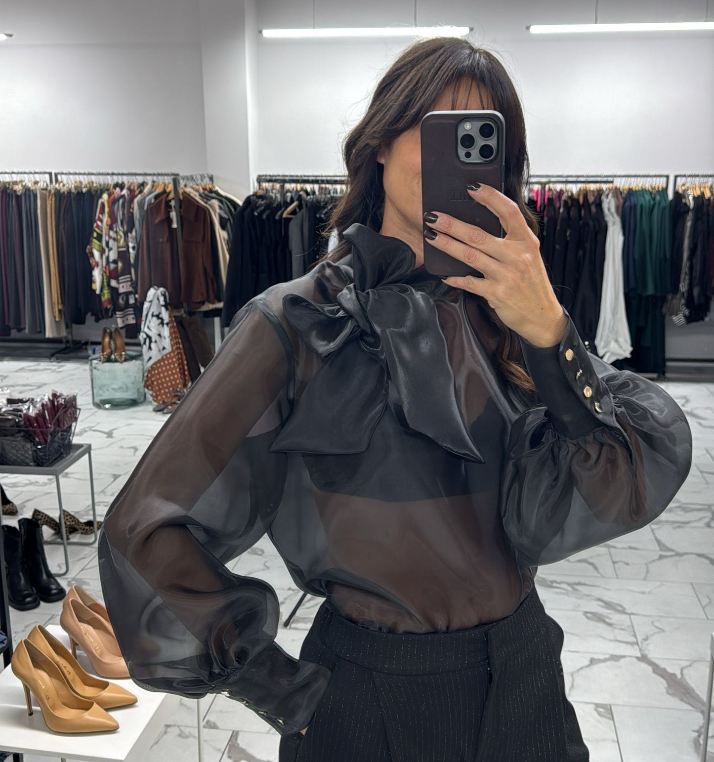 CAMICIA ORGANZA FIOCCO NERO