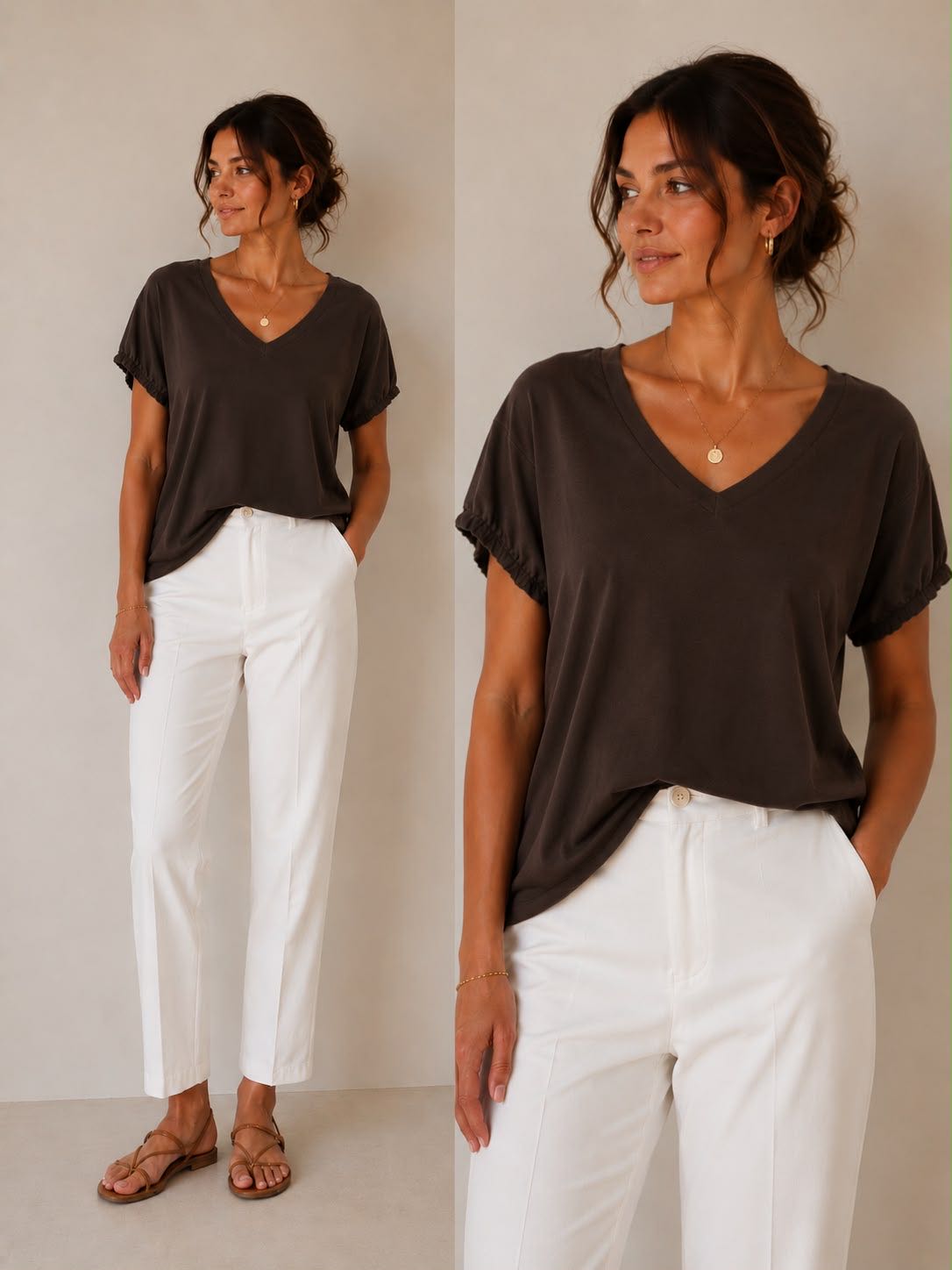 T-SHIRT SCOLLO V SBUFFO MORO