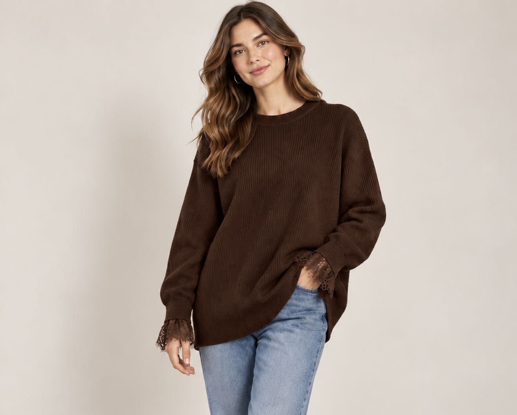 ABITO MAGLIA PIZZO ALLA MANICA CIOCCOLATO