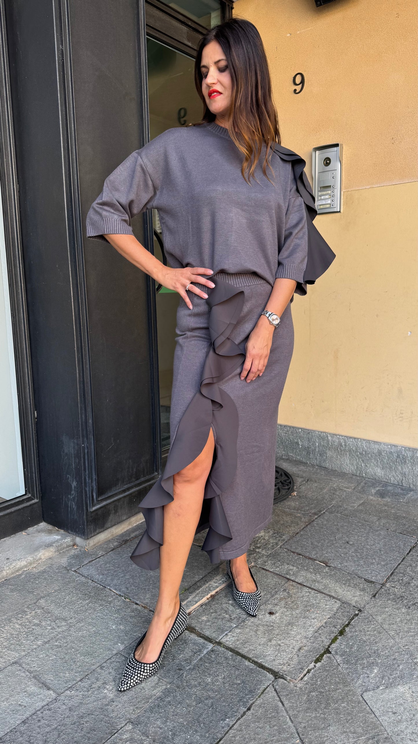 COMPLETO IN MAGLIA ROUGE ASIMMETRICA nero/grigio/cioccolato