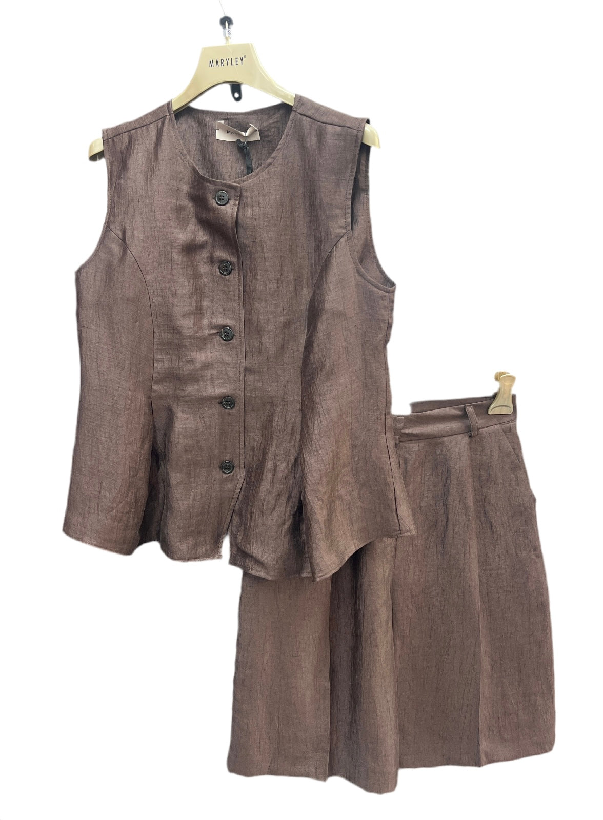 MARYLEY COMPLETO CIOCCOLATO LINO BERMUDA GILET BALZA
