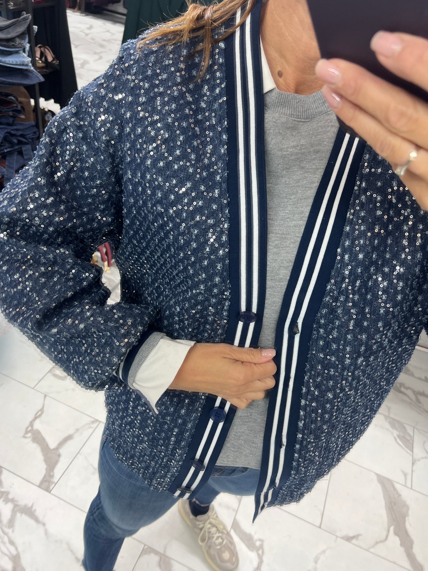 BOMBER JEANS MICRO PAILETTES BLU
