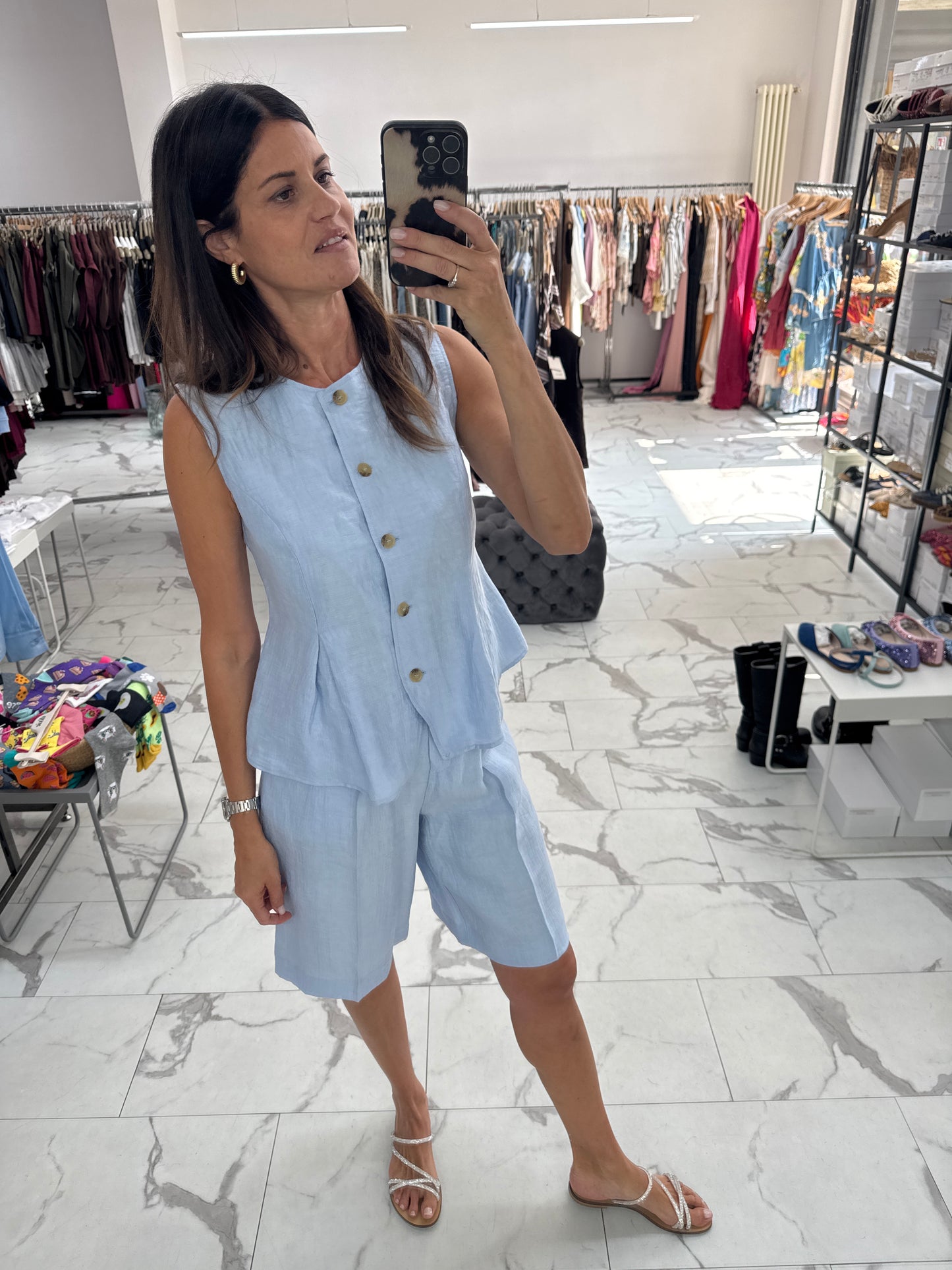 MARYLEY COMPLETO AZZURRO LINO BERMUDA GILET BALZA
