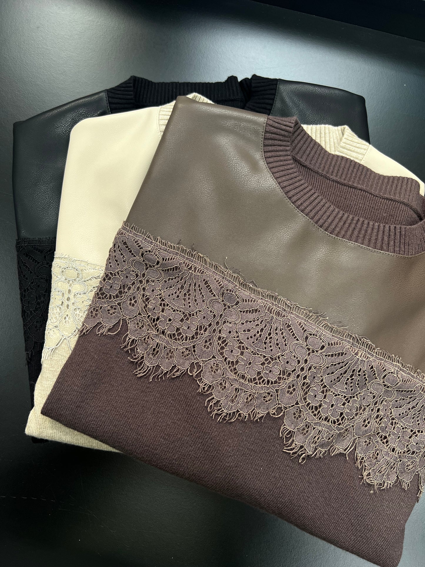 MAGLIONCINO ECOPELLE PIZZO nera/cioccolato/beige