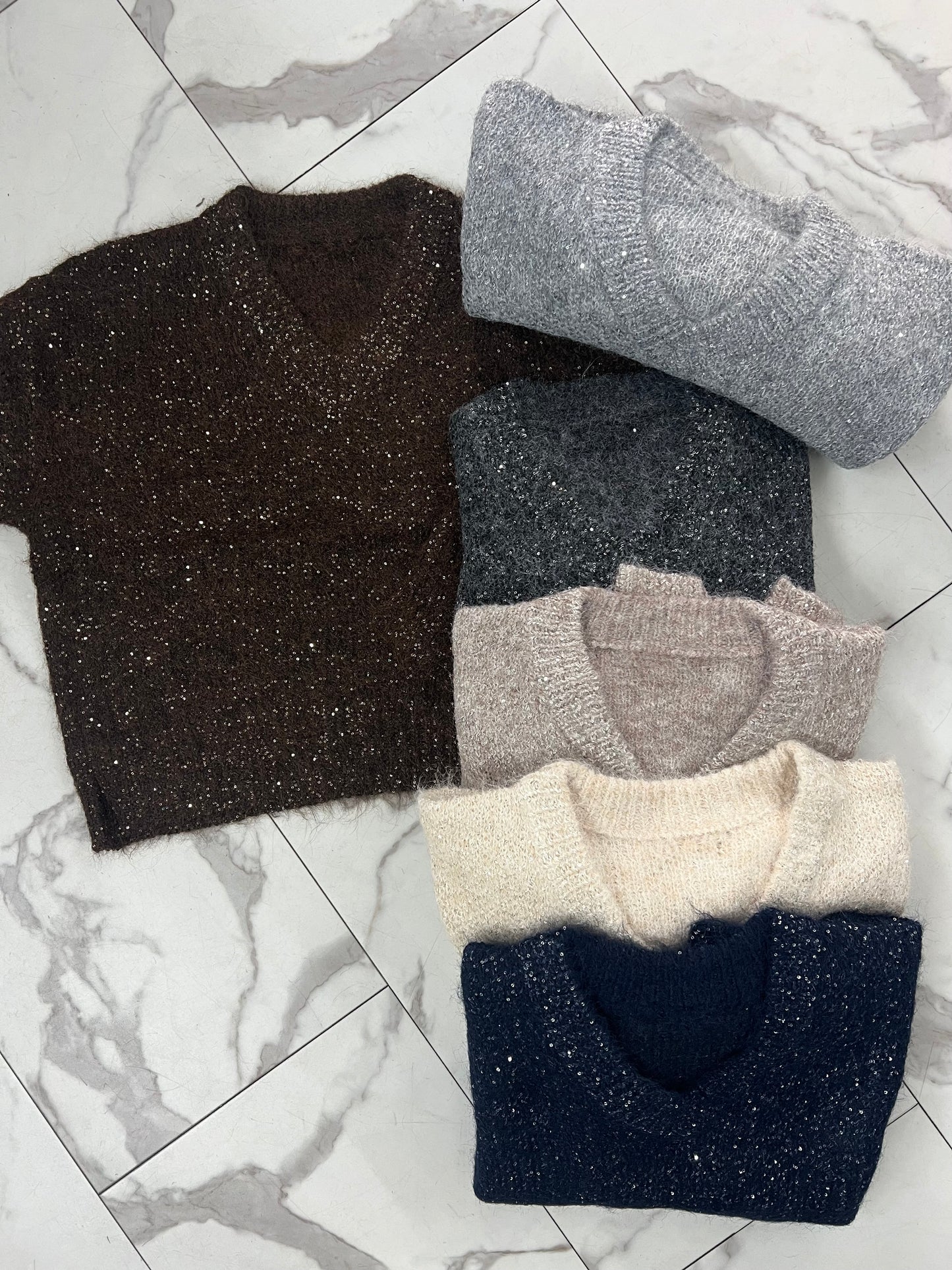 MAGLIONCINO MICRO PAILLETTES blu/sabbia/grigio chiaro/grigio scuro/cioccolato/panna
