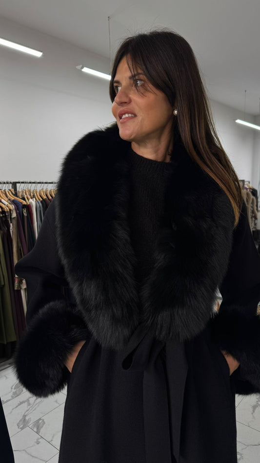 CAPPOTTO IN MAGLIA CON ECOPELLICCIA nero/grigio/testa di moro/beige