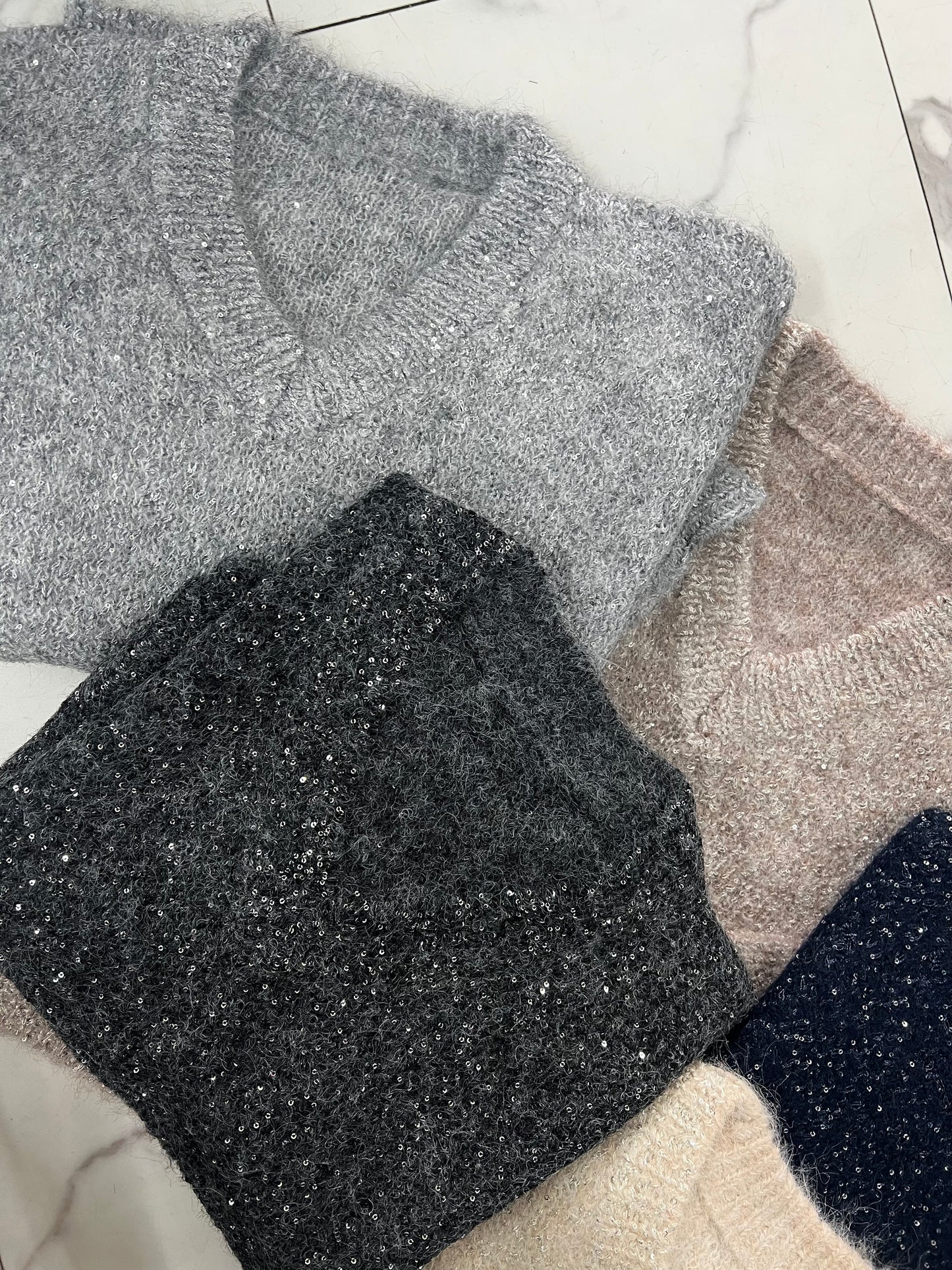 MAGLIONCINO MICRO PAILLETTES blu/sabbia/grigio chiaro/grigio scuro/cioccolato/panna
