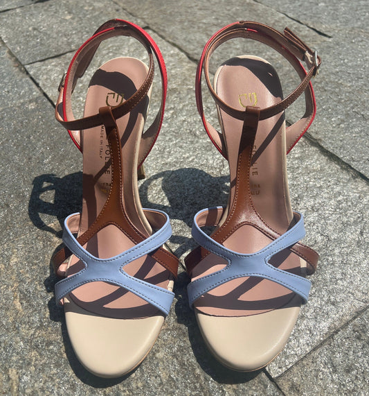 DIVINE FOLLIE SANDALI LIZ PANNA CELESTE ROSSO CUOIO