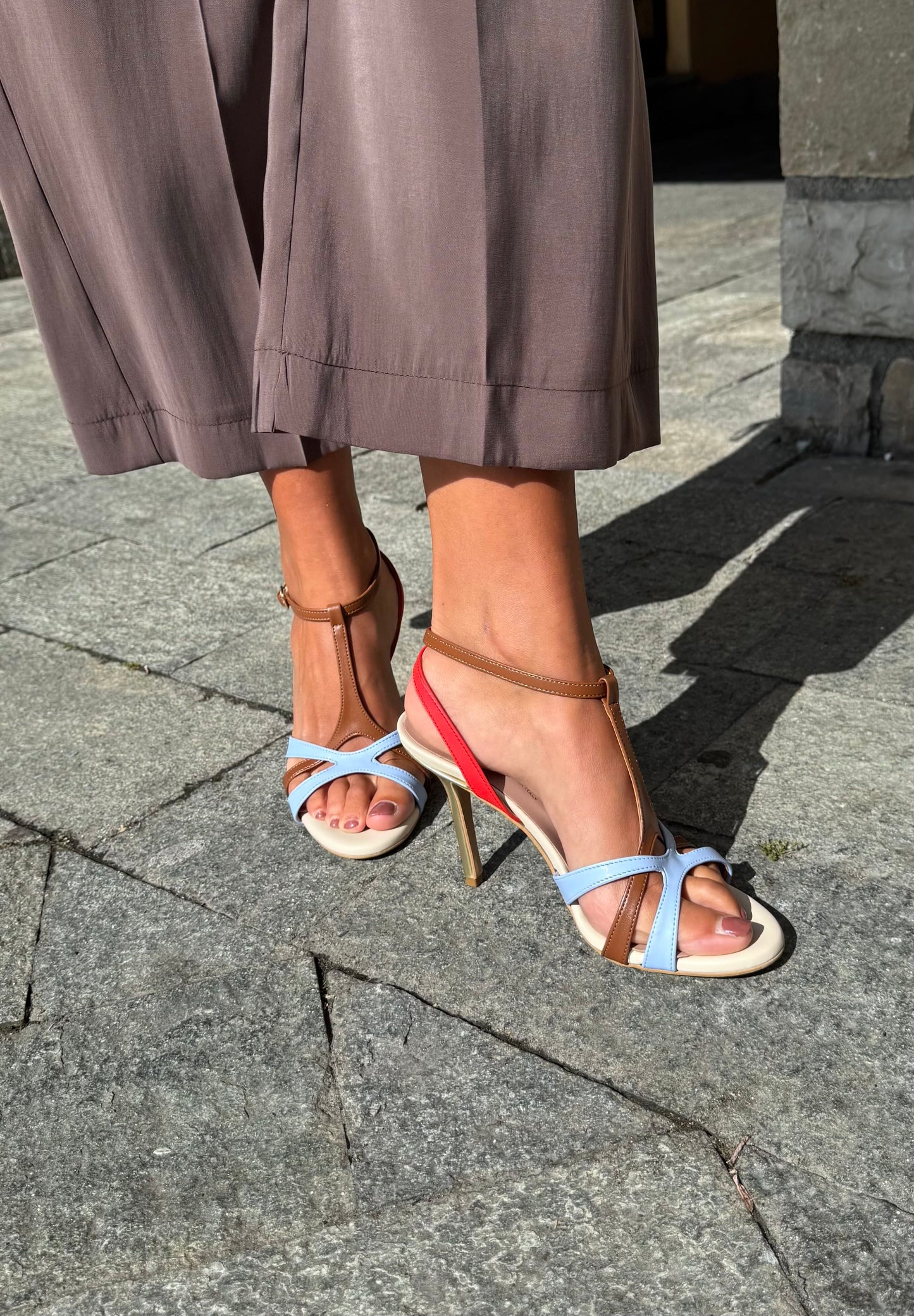 DIVINE FOLLIE SANDALI LIZ PANNA CELESTE ROSSO CUOIO
