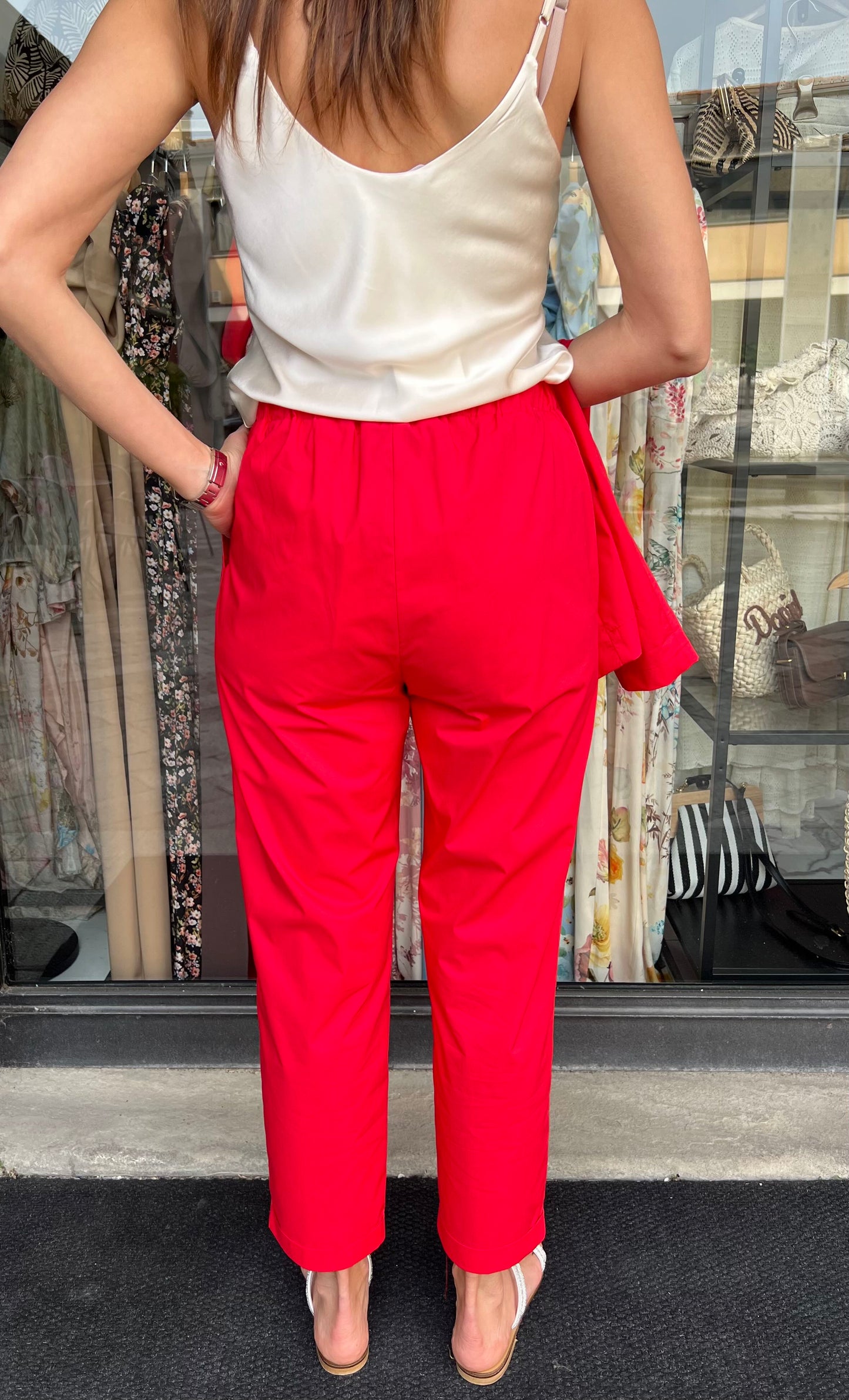 MARYLEY PANTALONE COULISSE RISVOLTO TELA COTONE ROSSO