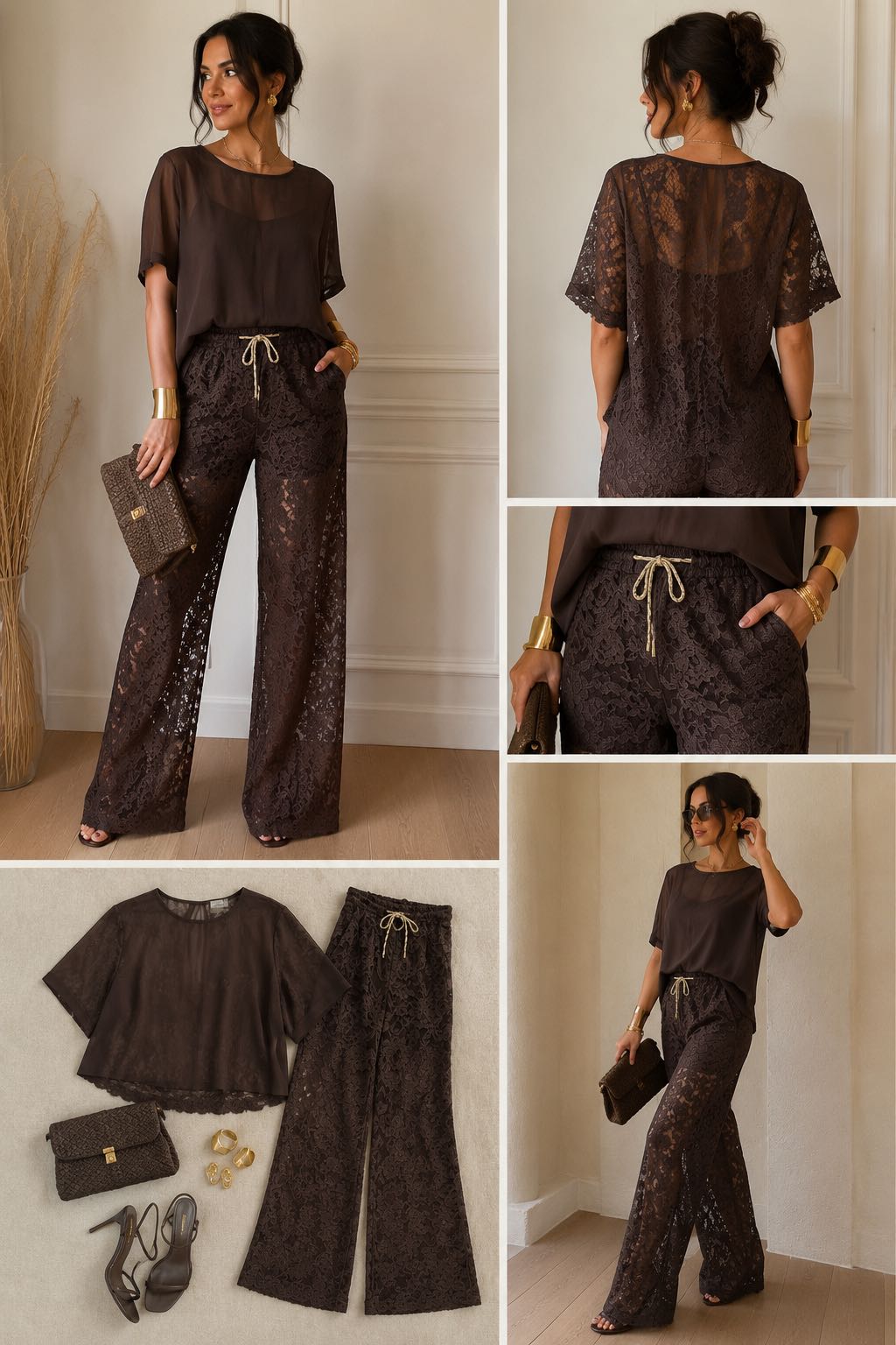 COMPLETO BLUSA E PANTALONE CIOCCOLATO PIZZO