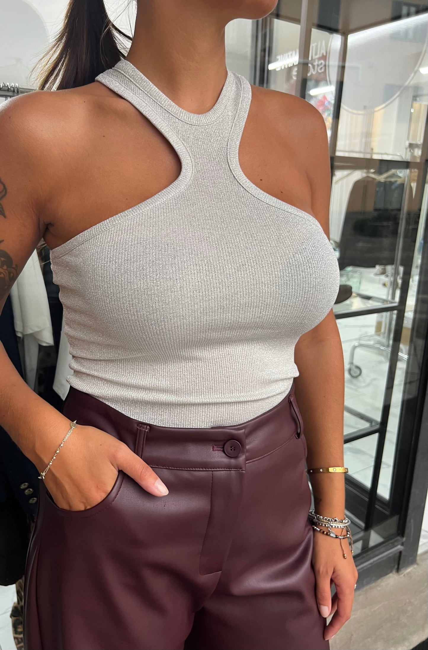 CANOTTA LUREX SCOLLO HALTER ARGENTO