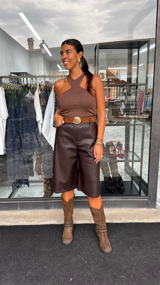 CANOTTA LUREX SCOLLO HALTER MARRONE