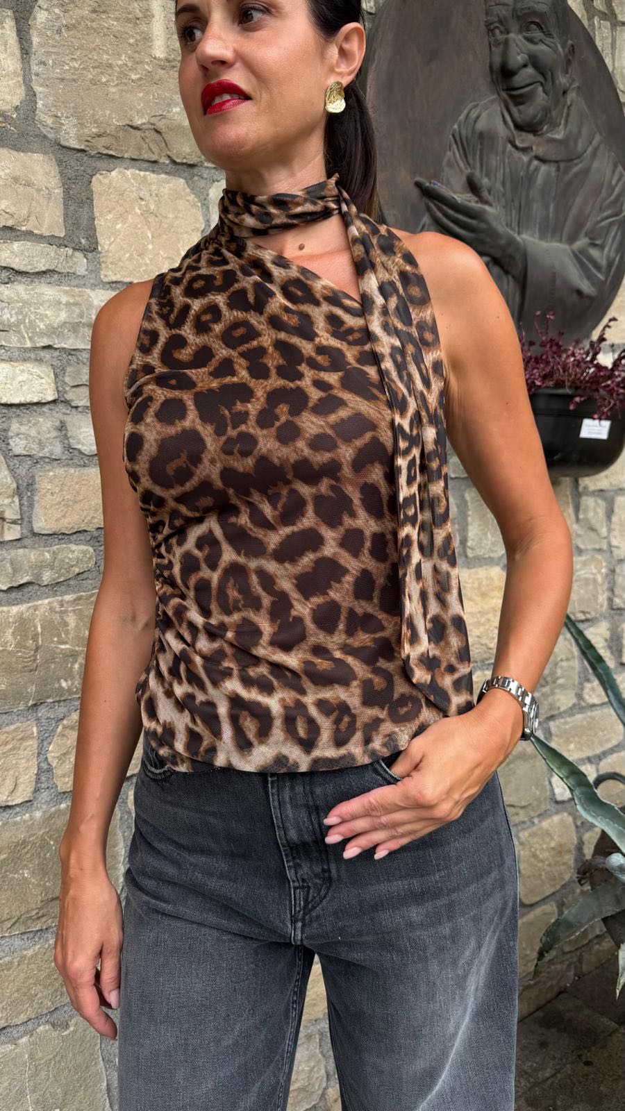 TOP MONOSPALLA MACULATO TULLE STRETCH