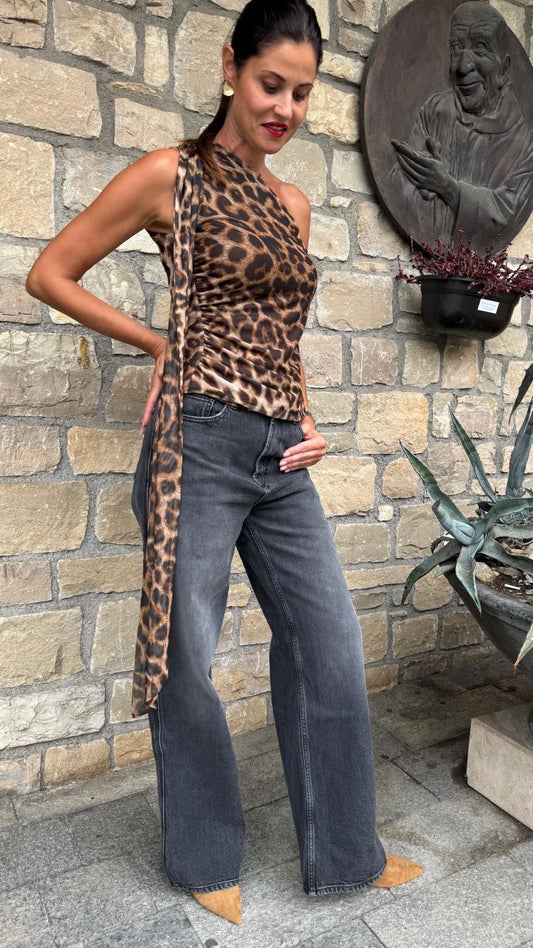 TOP MONOSPALLA MACULATO TULLE STRETCH