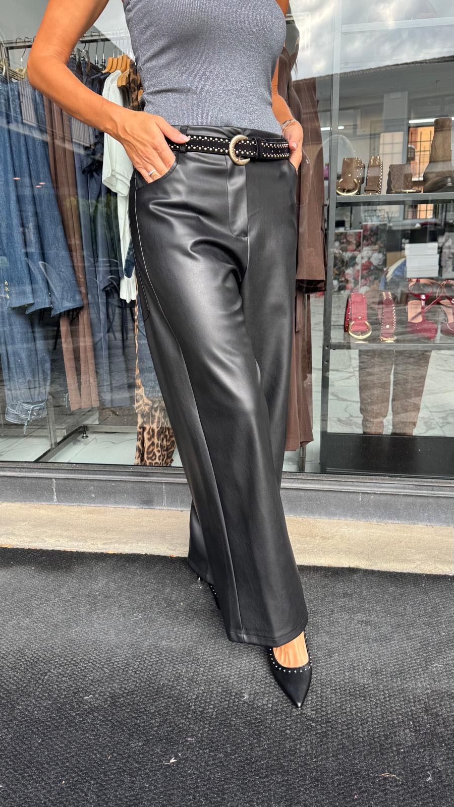 PANTALONE PALAZZO ECOPELLE NERO