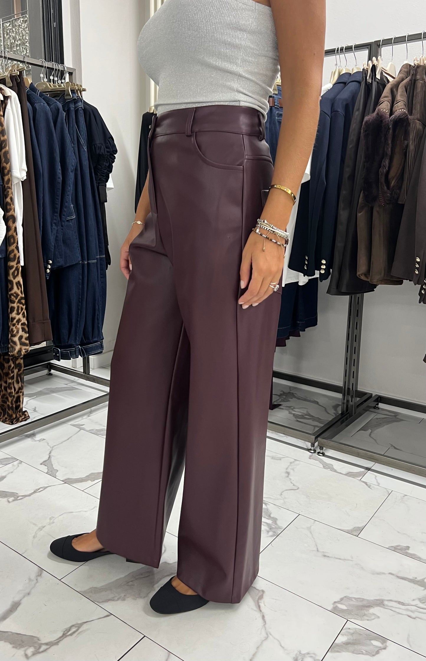 PANTALONE PALAZZO ECOPELLE MELANZANA