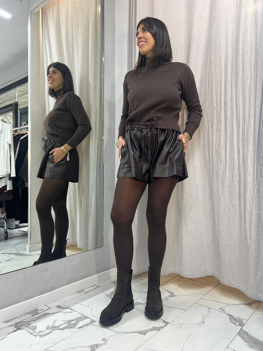 PANTALONCINO ECOPELLE COULISSE MORO