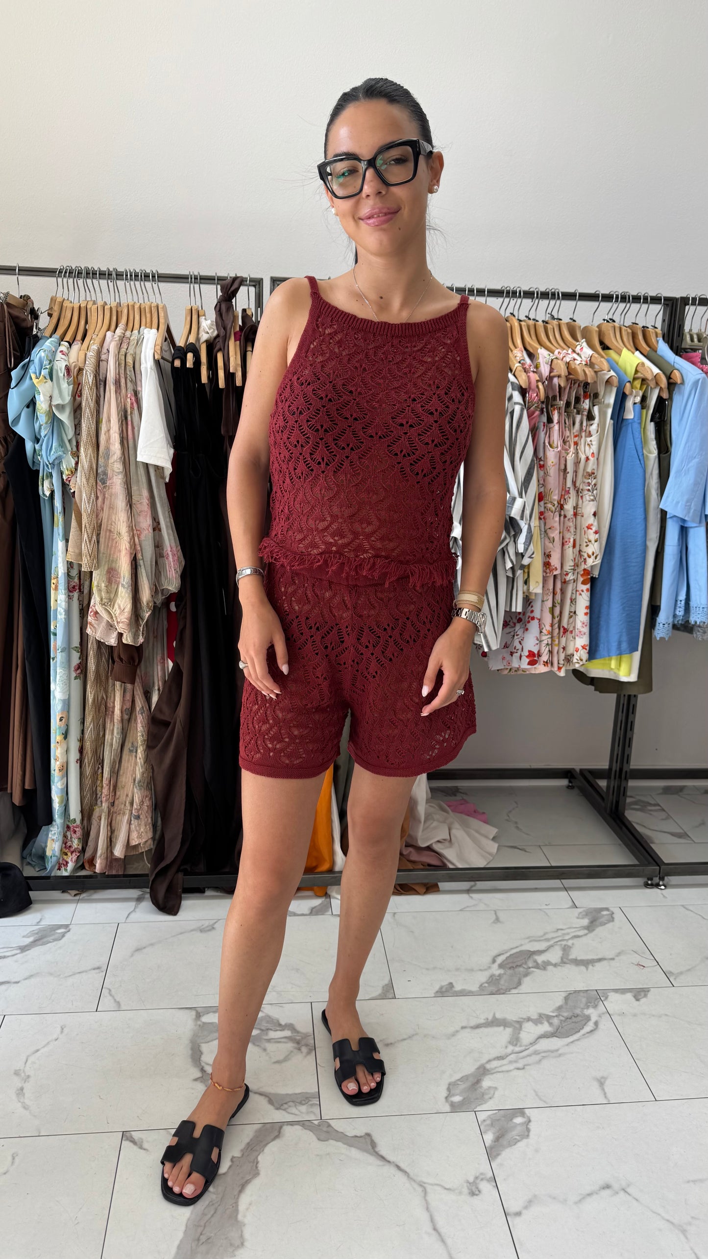 DIXIE COMPLETO IN MAGLIA BERMUDA TRAFORATO ROSSO INDIA