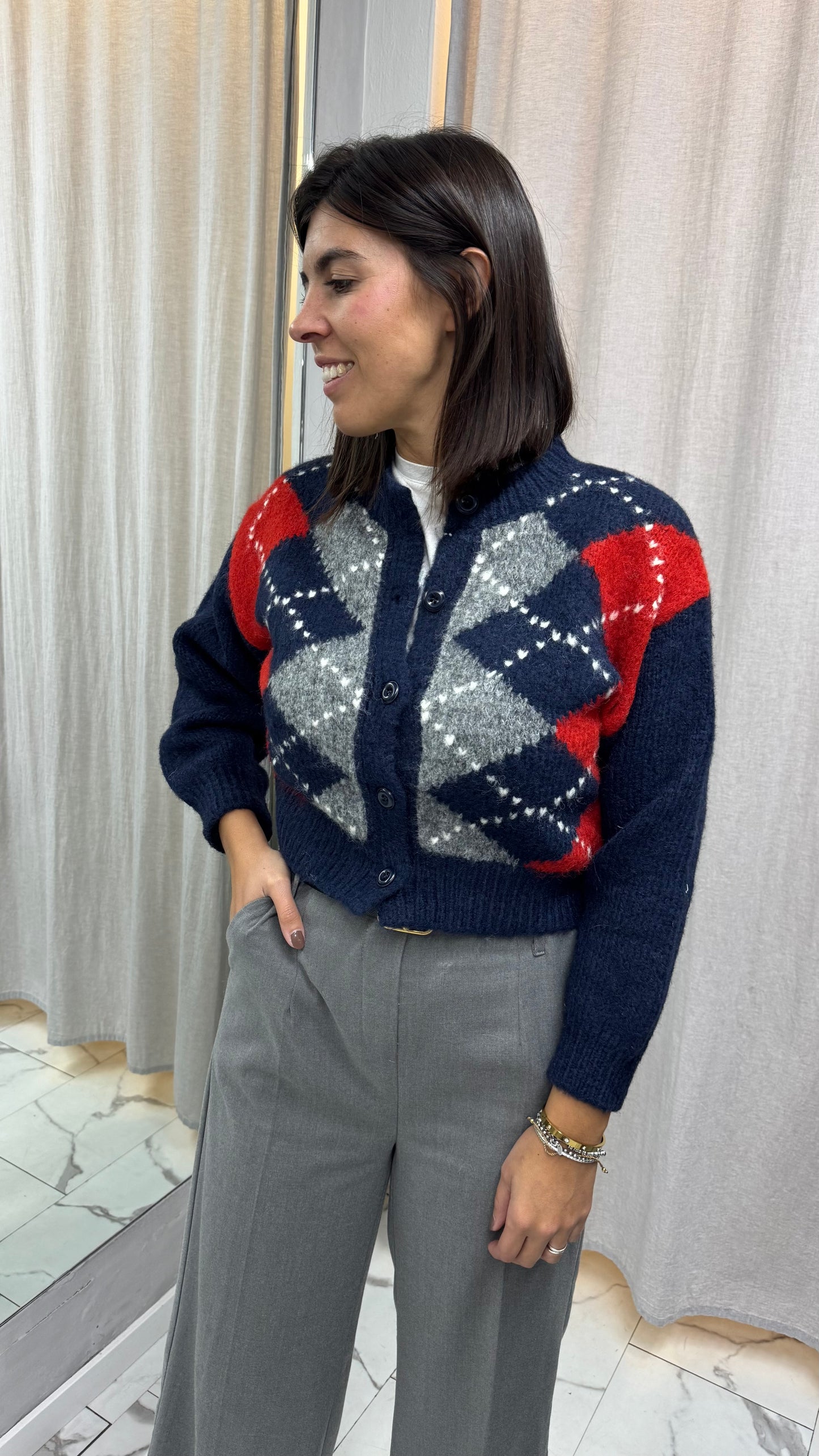 CARDIGAN CORTO LOSANGHE blu/marrone