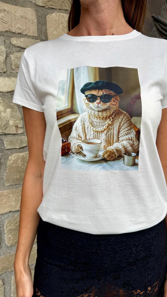 T-SHIRT GATTO BASCO