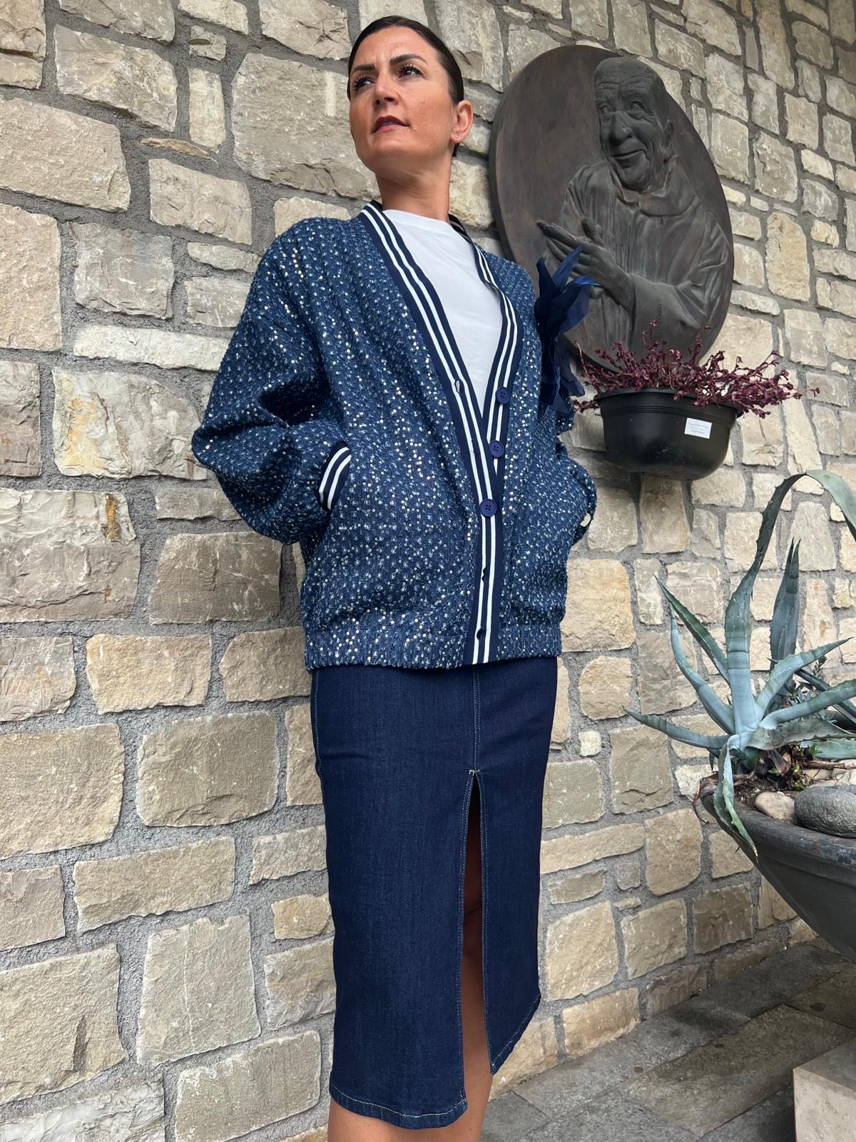 BOMBER JEANS MICRO PAILETTES BLU