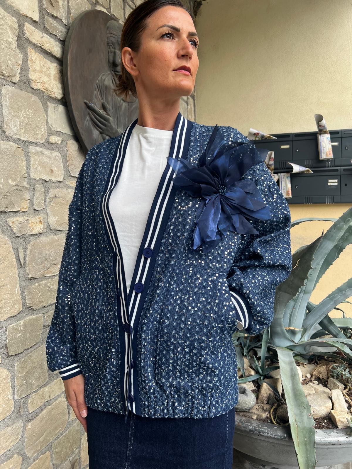 BOMBER JEANS MICRO PAILETTES BLU