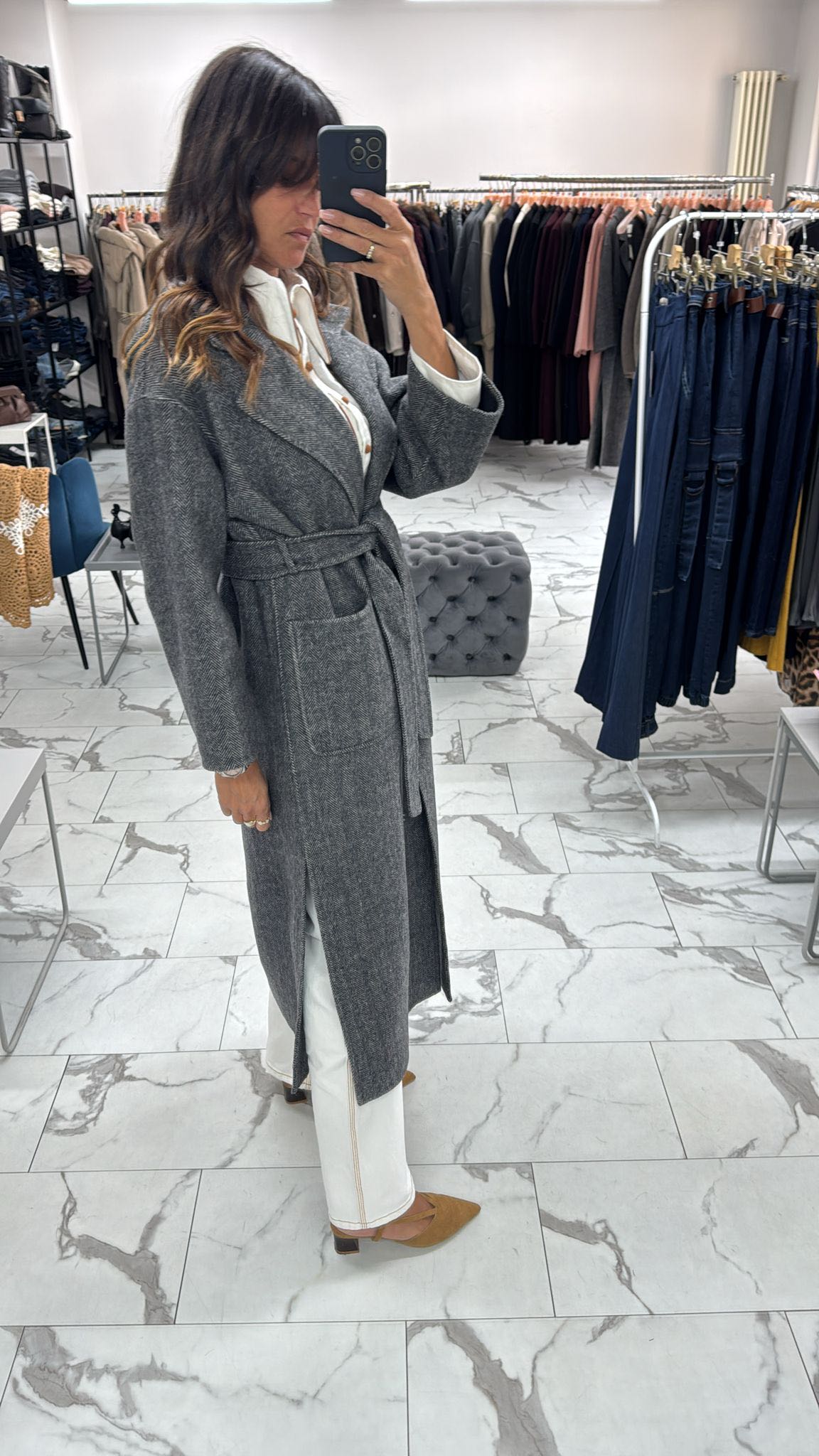 CAPPOTTO LUNGO A SPINA DI PESCE GRIGIO