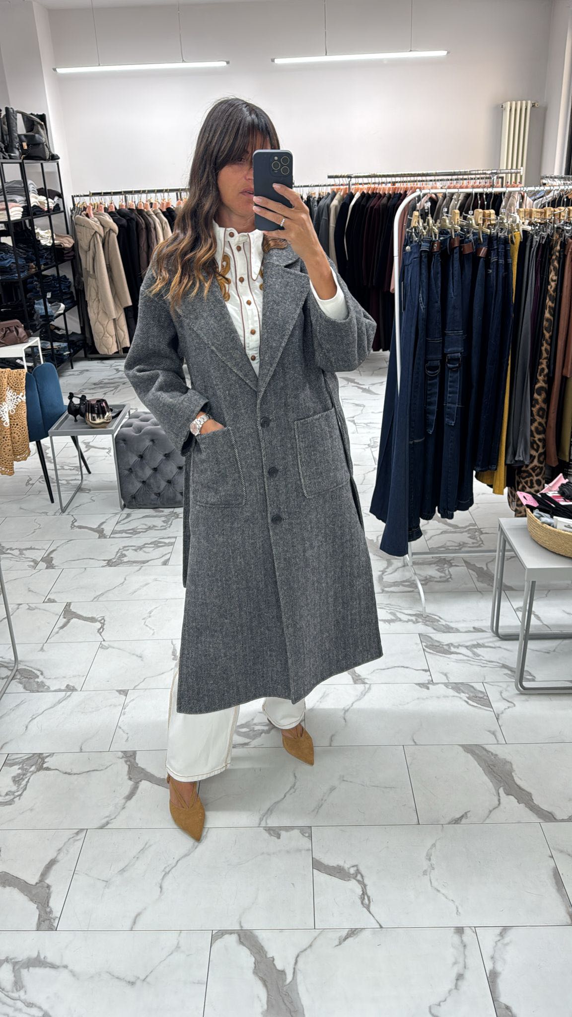 CAPPOTTO LUNGO A SPINA DI PESCE GRIGIO