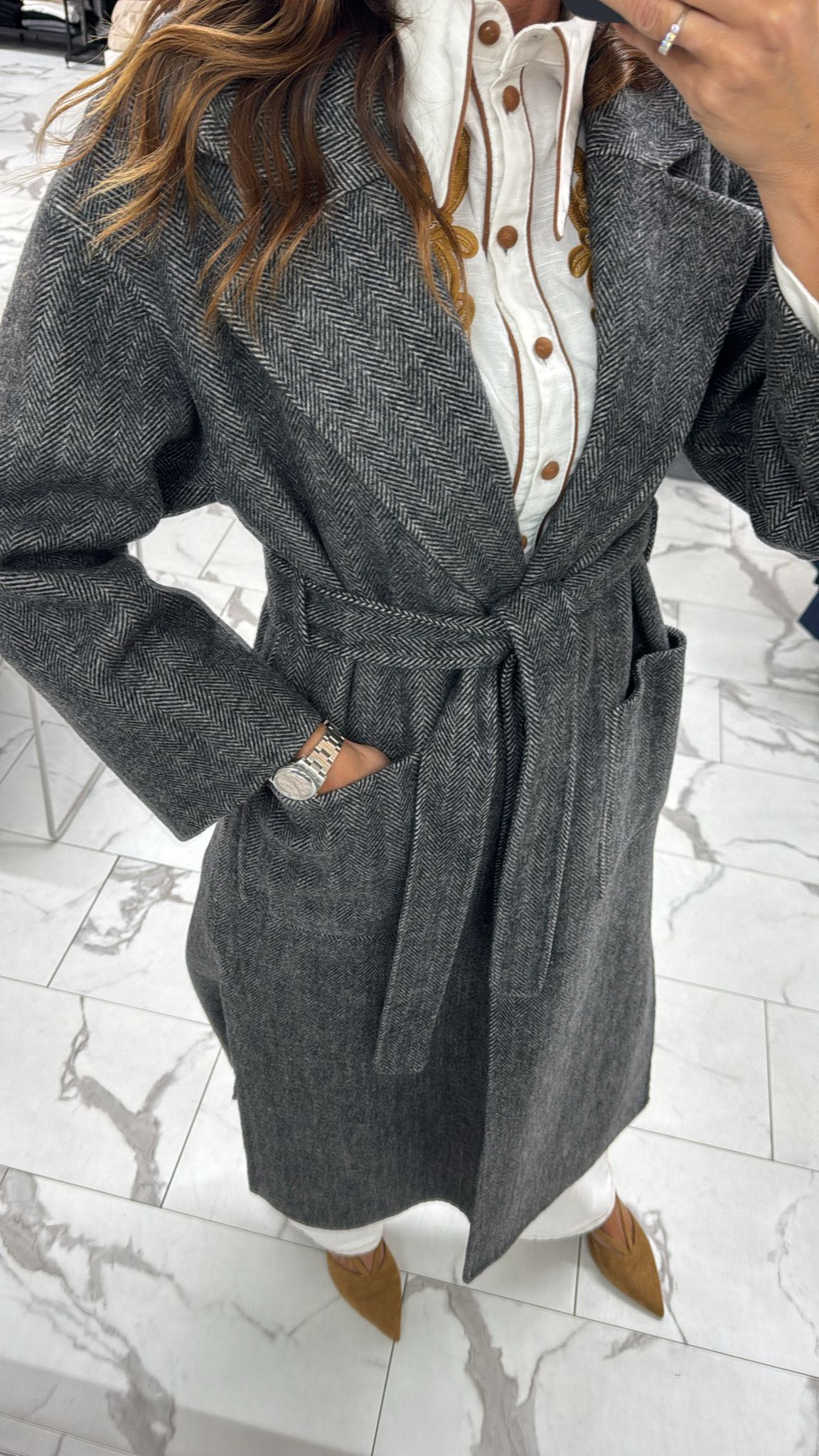 CAPPOTTO LUNGO A SPINA DI PESCE GRIGIO