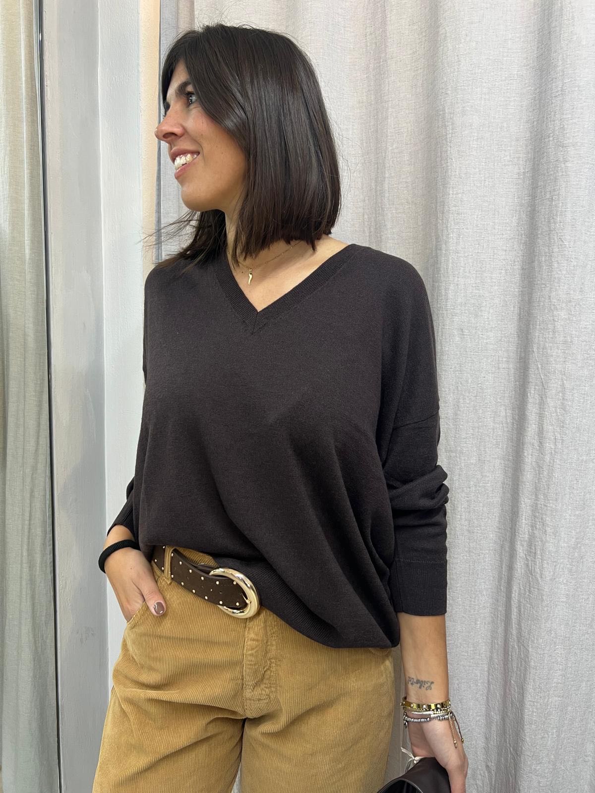 PULL IN LANA SCOLLO V OVER CIOCCOLATO