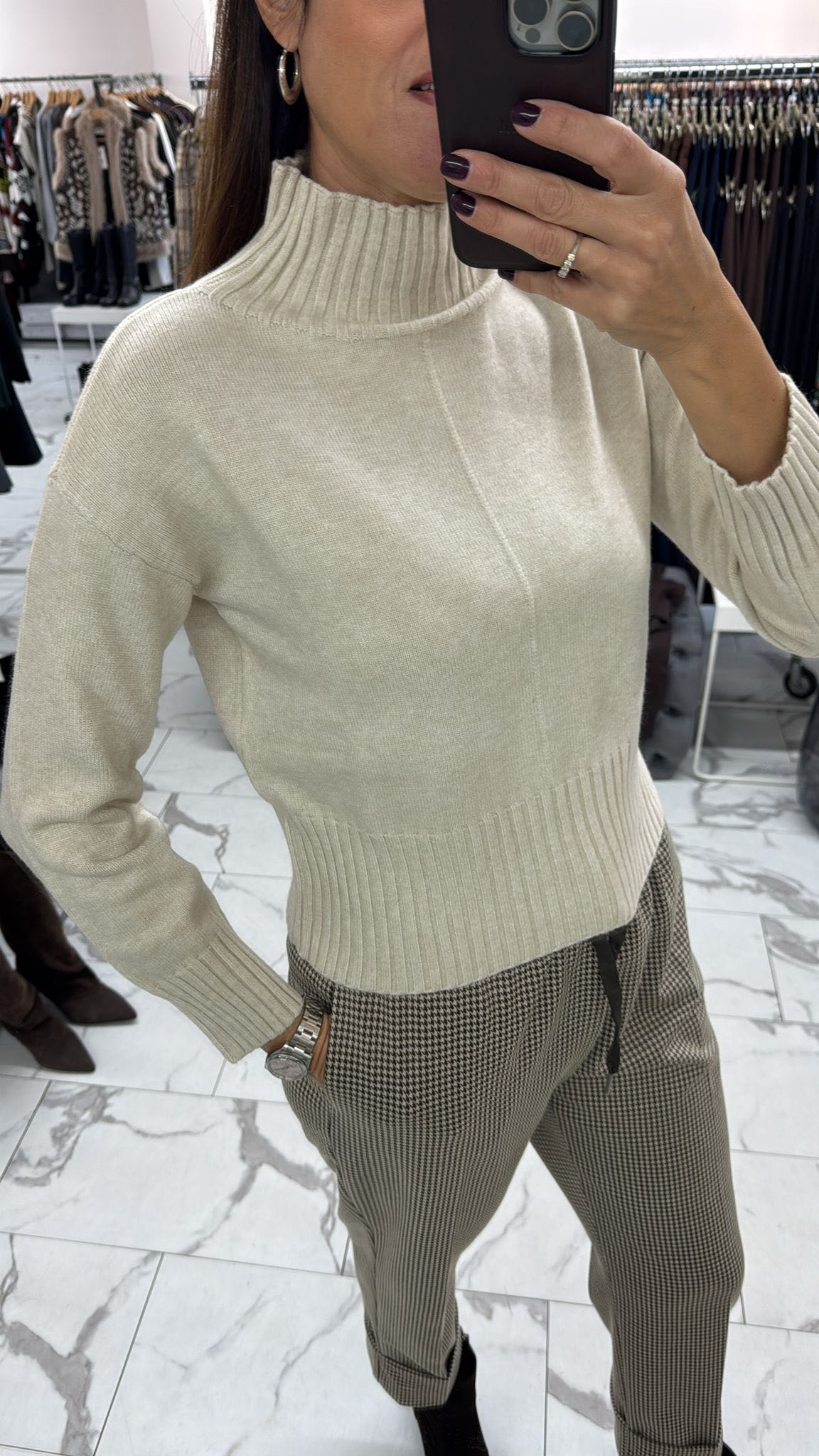 MAGLIA COLLO ALTO RIGA BEIGE