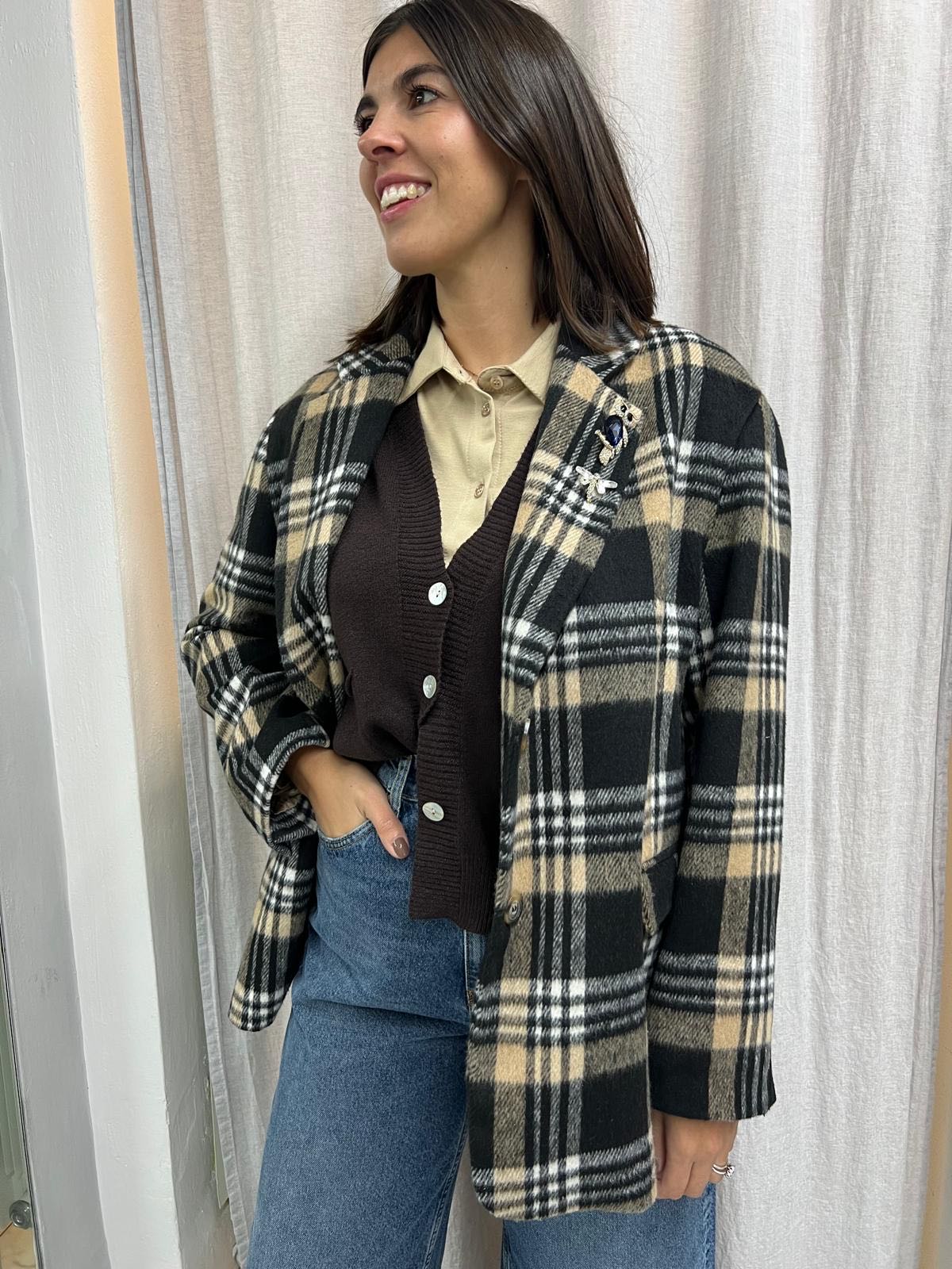 CAPPOTTINO OVER TARTAN CAMMELLO E NERO