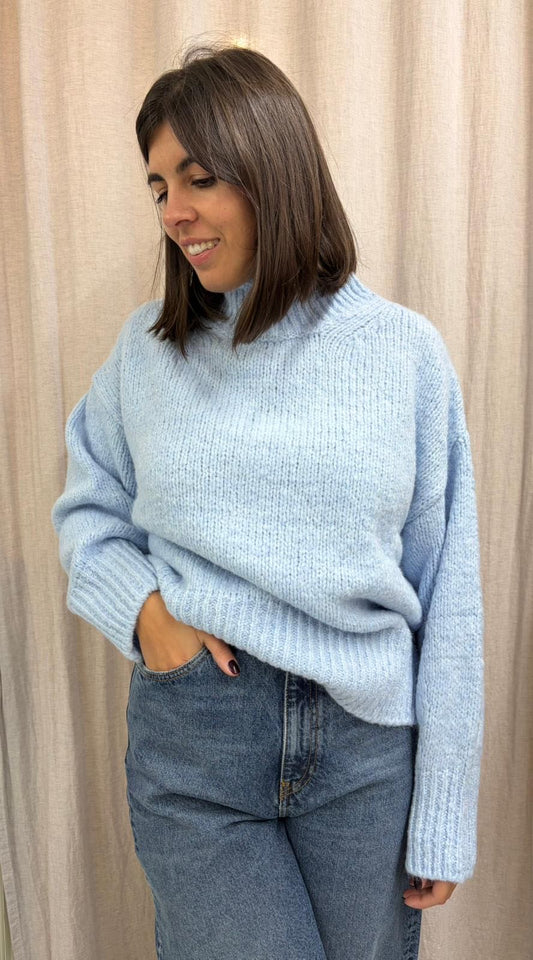 MAGLIONE MISTO LANA COLLO ALTO AZZURRO