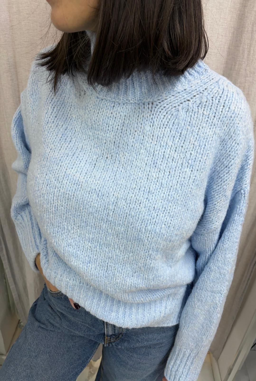 MAGLIONE MISTO LANA COLLO ALTO AZZURRO