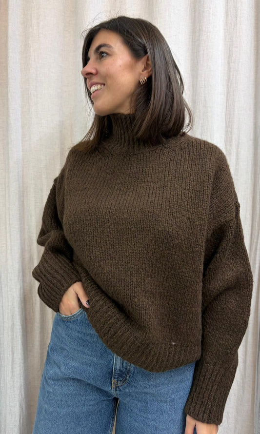 MAGLIONE MISTO LANA COLLO ALTO CIOCCOLATO