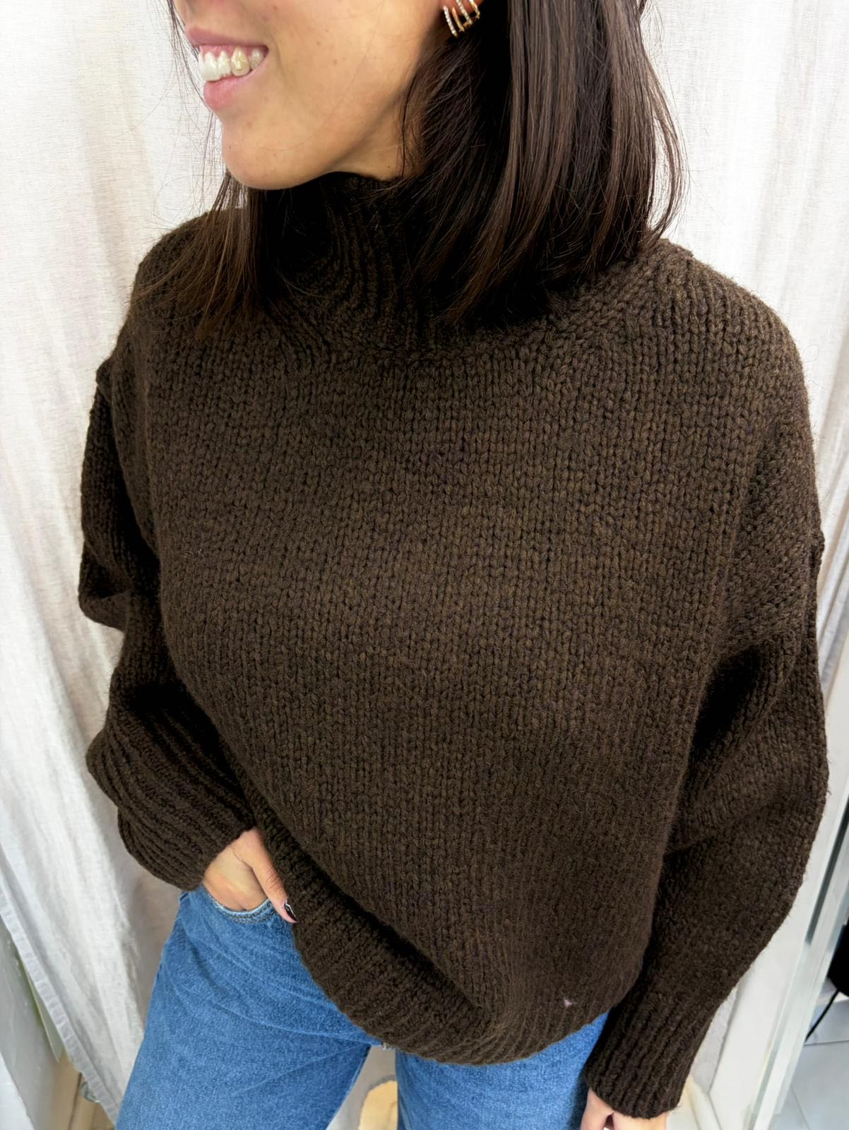 MAGLIONE MISTO LANA COLLO ALTO CIOCCOLATO