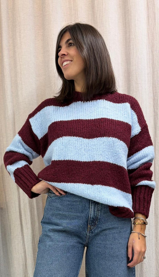 MAGLIONE RIGATO BORDEAUX AZZURRO