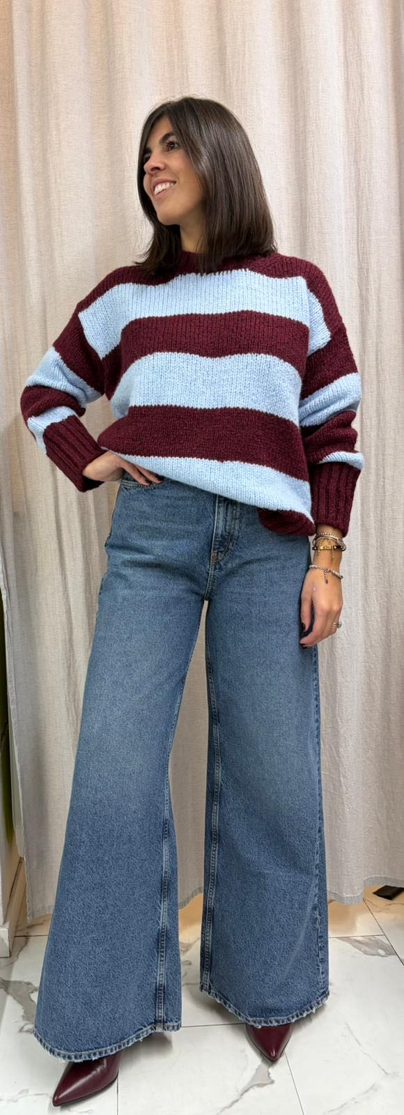 MAGLIONE RIGATO BORDEAUX AZZURRO